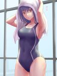  1girl ^^^ arms_up black_hair black_swimsuit breasts brown_eyes collarbone commentary_request competition_swimsuit highres long_hair looking_at_viewer medium_breasts one-piece_swimsuit original paitan_oishii solo standing swimsuit towel towel_on_head 