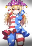  1girl american_flag_dress american_flag_pants arms_up bangs blonde_hair blush breasts closed_mouth clownpiece commentary_request dress eyebrows_visible_through_hair gradient gradient_background grey_background hair_between_eyes hands_up hat highres jester_cap long_hair looking_at_viewer neck_ruff pants polka_dot puffy_short_sleeves puffy_sleeves purple_headwear randall red_eyes short_sleeves small_breasts smile solo standing star_(symbol) star_print striped striped_dress striped_pants touhou white_background 