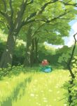  absurdres claws closed_eyes clouds day fangs grass highres hyogonosuke ivysaur leaf lying no_humans open_mouth outdoors pokemon pokemon_(creature) sky sleeping solo tree 