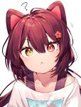  1girl :&lt; ? animal_ears blush breasts brown_hair closed_mouth dog_ears eyebrows_visible_through_hair flower hair_between_eyes hair_flower hair_ornament inui_toko nijisanji open_mouth portrait red_eyes red_flower shirt simple_background solo sukuna136 virtual_youtuber white_background white_shirt yellow_eyes 