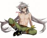  1boy artist_name bishounen crossed_legs full_body genshin_impact green_pants grey_hair highres long_hair looking_at_viewer male_focus ojo_aa pants razor_(genshin_impact) red_eyes scar scar_on_face signature simple_background sitting solo toned topless_male white_background 