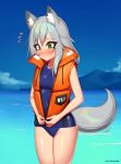1girl animal_ear_fluff animal_ears artist_name blue_swimsuit blush breasts commission english_commentary eyebrows_visible_through_hair green_eyes grey_hair kuroonehalf mountain ocean one-piece_swimsuit original sky small_breasts solo swimsuit tail tanya_(zeke_lawson)