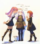  annette_fantine_dominic black_legwear blush boots boots_removed dress english_commentary fire_emblem fire_emblem:_three_houses frown full_body garreg_mach_monastery_uniform gloating green_little height_conscious height_mark hilda_valentine_goneril long_hair lysithea_von_ordelia measuring orange_hair pink_hair standing sweatdrop thigh-highs twintails white_hair 