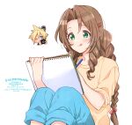  1girl aerith_gainsborough bangs blonde_hair blue_eyes blue_pants blush braid camera chibi cloud_strife curly_hair drawing final_fantasy final_fantasy_vii final_fantasy_vii_remake green_eyes hair_between_eyes hair_ornament hairpin holding holding_camera holding_sketchbook krudears long_hair long_sleeves one_eye_closed pants parted_bangs shirt sidelocks sketchbook sleeves_rolled_up spiky_hair tongue tongue_out upper_body white_background yellow_shirt 