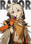  1boy absurdres ahoge berry bishounen bone_necklace character_name genshin_impact gloves grey_hair hand_up highres jewelry linpiu long_hair male_focus necklace open_mouth orange_gloves razor_(genshin_impact) red_eyes scar scar_on_face simple_background sleeveless solo toned 