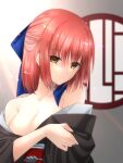  1girl bare_shoulders black_kimono blue_bow blush bow breasts brown_eyes closed_mouth collarbone commentary_request eyebrows_visible_through_hair hair_bow half_updo highres indoors japanese_clothes kimono kohaku_(tsukihime) looking_at_viewer medium_breasts obi redhead sash short_hair smile solo tsukihime undressing upper_body vent_vert_(kuuya) 