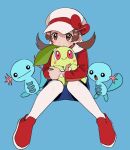  1girl blue_background blue_overalls blush_stickers bow brown_eyes brown_hair cabbie_hat chikorita closed_mouth commentary_request hat hat_bow highres holding holding_pokemon long_hair lyra_(pokemon) momotose_(hzuu_xh4) overalls pokemon pokemon_(creature) pokemon_(game) pokemon_hgss red_bow red_footwear red_shirt shirt shoes simple_background smile thigh-highs twintails twitter_username white_headwear white_legwear wooper 