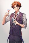  1boy :d ahoge alternate_eye_color bangs belt bespectacled black_hair blue_eyes buttons cocktail_glass cocktail_shaker collared_shirt cowboy_shot cup drink drinking_glass fang glasses grey_background grey_shirt heterochromia highres holding holding_cup holding_shaker holostars lapel_pin looking_at_viewer male_focus mole mole_under_eye multicolored_hair n@o_(nao) neck_ribbon open_collar orange_eyes orange_hair pants parted_bangs purple_pants purple_vest red_ribbon ribbon shirt short_hair simple_background sleeves_rolled_up smile solo standing streaked_hair vest virtual_youtuber yukoku_roberu 