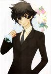  black_hair bouquet flower formal gundam gundam_00 highres kouga_yun male necktie red_eyes scan screening setsuna_f_seiei smile suit 