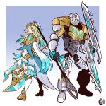  1boy 1girl absurdres axe bionicle blonde_hair blue_eyes boots cape crossover earrings facing facing_away feather_trim fire_emblem fire_emblem_heroes fjorm_(fire_emblem) flower gold_armor gold_trim green_hair hair_flower hair_ornament helmet highres holding holding_axe holding_polearm holding_weapon jewelry kopaka_(bionicle) looking_back multicolored_hair polearm scruffyturtles the_lego_group thigh_boots thighs tiara watermark weapon white_armor 