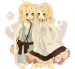  bag blonde_hair blue_eyes bow dress fang hairclip kagamine_len kagamine_rin meisa open_mouth vocaloid young 