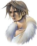  1boy blue_eyes brown_hair closed_mouth earrings facial_scar final_fantasy final_fantasy_viii fur_trim jewelry male nomura_tetsuya official_art portrait scar simple_background solo squall_leonhart v-neck white_background 