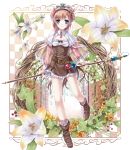  atelier_(series) atelier_rorona belt blue_eyes boots brown_dress brown_hair dress flower hat lily_(flower) miyase_mahiro orange_rose potion rororina_fryxell rose short_hair skirt staff 