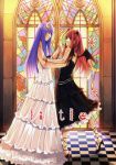  2girls alternate_costume ankle_lace-up checkered checkered_floor cross-laced_footwear dancing dress hamayumiba_sou head_wings highres koakuma long_hair patchouli_knowledge stained_glass tall touhou wings 