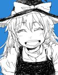  blue_background bow hair_bow hat kirisame_marisa monochrome sketch smile touhou ume_(noraneko) witch_hat 