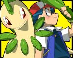  1boy amada baseball_cap bayleef fingerless_gloves gloves hat leaf looking_back male pokemon pokemon_(anime) pokemon_(creature) red_eyes satoshi_(pokemon) satoshi_(pokemon)_(classic) smile solo 
