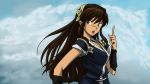  bangs brown_eyes brown_hair cloud clouds david_liu hairband hands japanese_clothes kuonji_ukyo kuonji_ukyou long_hair looking_back open_mouth pointing ranma_1/2 sky source_request 