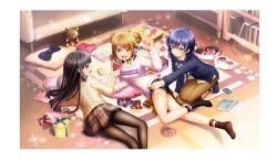  3girls :d beads black_hair black_pantyhose black_socks blue_hair blue_pants blue_socks blue_sweater book bookshelf border bow box braid brown_eyes brown_hair brown_skirt carpet cellphone chocolate cinderella_series double_bun dutch_angle eye_contact food from_above game_cg gift gift_box hachigatsu_no_cinderella_nine hair_beads hair_bow hair_bun hair_ornament hairclip heart-shaped_box highres holding holding_chocolate holding_food holding_phone indoors kneeling kondou_saki lens_flare long_hair long_sleeves looking_at_another low_twin_braids lying multiple_girls nagai_kanako nitta_minako no_shoes non-web_source official_art on_side open_mouth pants pantyhose phone pleated_skirt shirt sitting skirt smartphone smile socks sparkle stuffed_animal stuffed_toy sweater teddy_bear teeth twin_braids upper_teeth_only violet_eyes white_border white_shirt white_sweater wooden_floor yellow_bow 