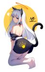  1girl absurdres angel_girl_(shimmer) animal_ears apron artist_logo artist_name bangs bare_shoulders black_dress blue_eyes cat_ears cat_tail closed_mouth dress extra_ears fake_animal_ears fake_tail from_behind grey_hair hand_print highres kneeling long_hair no_shoes original shimmer solo tail thigh-highs waist_apron white_apron white_background yellow_background 