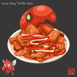  artist_logo artist_name character-themed_food character_name chips_(food) food food_focus food_name grey_background highres no_humans plate pokemon sauce scizor simple_background yuki00yo 