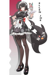  1girl absurdres back_bow black_bow black_dress black_footwear black_hair bow breasts character_name chinese_commentary colored_inner_hair dress drop_shadow ellen_joe fins fish_tail hair_ornament highres holding holding_plate looking_at_viewer maid maid_headdress medium_breasts moyao_(moyao27550711) multicolored_hair nail_polish pantyhose parfait plate red_bow red_nails redhead shark_tail short_hair solo tail two-tone_hair wrist_cuffs x_hair_ornament zenless_zone_zero 