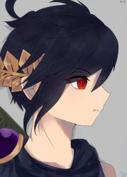  1boy ahoge artist_request closed_mouth dark_pit grey_background highres kid_icarus kid_icarus_uprising laurel_crown male_focus neck non-web_source pale_skin red_eyes scarf short_hair 