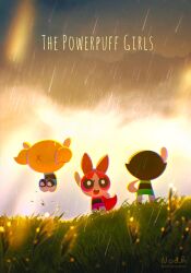  3girls artist_name black_footwear black_hair blonde_hair blossom_(ppg) blue_dress blunt_bangs blunt_ends bow bubbles_(ppg) buttercup_(ppg) child dress furrowed_brow grass green_dress hair_bow hand_on_own_hip hand_up hands_up highres jumping long_hair mary_janes multiple_girls noinoichebura open_mouth orange_hair outdoors pantyhose pink_dress pink_eyes powerpuff_girls rain red_bow shoes short_hair siblings sisters smile standing twintails twitter_username white_pantyhose 