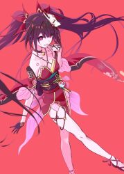  1girl bare_shoulders bell black_choker black_gloves black_hair black_sash butterfly-shaped_pupils choker criss-cross_halter dress flower_tattoo fox_mask gloves gun haimura_kiyotaka halterneck highres holding honkai:_star_rail honkai_(series) long_hair looking_at_viewer mark_under_both_eyes mask mask_on_head neck_bell o-ring open_mouth red_background red_dress red_eyes red_sleeves revolver sash simple_background smile snubnosed_revolver solo sparkle_(honkai:_star_rail) symbol-shaped_pupils tattoo twintails weapon 