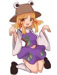  1girl bangs black_footwear blonde_hair hair_ribbon hat highres long_sleeves medium_hair moriya_suwako mugi_(mugimugi_9kv) parted_bangs purple_skirt purple_vest red_ribbon ribbon shirt shoes simple_background skirt skirt_set sleeves_past_wrists smile solo thigh-highs touhou turtleneck v-shaped_eyebrows vest white_background white_legwear white_shirt wide_sleeves yellow_eyes 