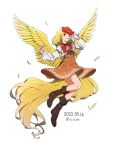  1girl animal animal_on_head bird bird_on_head bird_tail bird_wings blonde_hair boots brown_dress brown_footwear chick covered_navel dated dress eyebrows_visible_through_hair feathered_wings full_body highres knee_boots long_sleeves multicolored_hair niwatari_kutaka on_head red_eyes redhead shishi_osamu short_hair simple_background solo tail touhou twitter_username two-tone_hair whistle white_background wings yellow_wings 