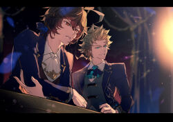  2boys ascot blonde_hair brown_hair collared_shirt elbow_rest formal granblue_fantasy jacket male_focus messy_hair multiple_boys red_eyes sandalphon_(granblue_fantasy) seofon_(granblue_fantasy) shirt spiky_hair suit suit_jacket vest waldtrad 