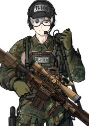  1girl absurdres ammunition_pouch bipod black_hair bob_cut brown_eyes brown_gloves bulletproof_vest camouflage camouflage_pants camouflage_shirt cartridge collared_shirt earmuffs flashlight foregrip glasses gloves green_pants green_shirt grey_hair gun hair_between_eyes hand_up handgun headset highres holding holding_gun holding_weapon holster k0ng long_sleeves looking_at_viewer original pants pouch rifle scope shirt short_hair simple_background sniper_rifle solo thigh_holster weapon white_background 