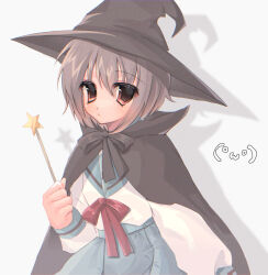  1girl black_cloak blue_sailor_collar blue_skirt brown_eyes cloak grey_hair hair_between_eyes hat highres holding holding_wand kaomoji kita_high_school_uniform long_sleeves mizuno_(mizunomageko) nagato_yuki official_alternate_costume ribbon sailor_collar school_uniform serafuku short_hair simple_background skirt solo star_wand suzumiya_haruhi_no_yuuutsu wand white_background winter_uniform witch_hat 