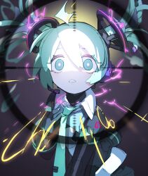  1girl absurdres aqua_eyes aqua_hair aqua_necktie bare_shoulders bright_pupils cheri_zao crosshair hatsune_miku hibana_(vocaloid) highres long_hair looking_at_viewer necktie number_tattoo proto_miku_(cheri_zao) see-through see-through_clothes see-through_sleeves shoulder_tattoo solo surprised tattoo twintails upper_body vocaloid white_pupils 