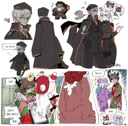  2boys 2girls alriune black_cape black_coat black_jacket brown_hair cape christmas_(e.g.o) coat faint_aroma_(e.g.o) force_(4sk_force) head_wreath jacket korean_text library_of_ruina maxim_(project_moon) multiple_boys multiple_girls myo_(project_moon) nikolai_(project_moon) open_mouth patchwork_clothes project_moon red_eyes rudolph_(project_moon) rudolta_of_the_sleigh shirt short_hair simple_background speech_bubble translation_request white_background white_shirt 