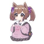 1girl animal_ears backpack bag bangs black_skirt blush bow brown_eyes brown_hair chibi closed_mouth clothes_writing commentary eyebrows_visible_through_hair hair_bow heart holding_strap horse_ears long_sleeves nozo_(hitomiz) pink_bow pink_sweater plaid plaid_skirt pleated_skirt puffy_long_sleeves puffy_sleeves purple_bow simple_background skirt sleeves_past_wrists smart_falcon_(umamusume) solo sweater symbol-only_commentary twintails umamusume white_background 