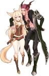  1boy 1girl animal_ear_fluff animal_ears blonde_hair castanic elin fox_ears fox_tail full_body gloves highres looking_at_another looking_to_the_side navel nipuni tail tera_online transparent_background violet_eyes wide_hips 