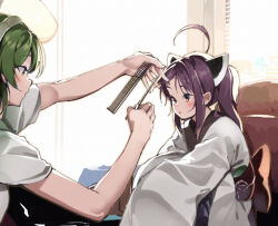  2girls ahoge blue_skirt blush brown_eyes brown_hair brown_hairband comb commentary_request day green_eyes green_hair hairband headgear holding holding_comb holding_scissors indoors japanese_clothes kimono lamb_(hitsujiniku) long_sleeves multiple_girls obi parted_lips profile sash scissors short_sleeves skirt sleeves_past_fingers sleeves_past_wrists sunlight touhoku_kiritan touhoku_zunko twintails voiceroid white_kimono window 