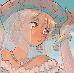  1girl blue_sky bracelet commentary dress earrings freckles hat highres jewelry looking_to_the_side nami_(one_piece) necklace one_piece open_mouth orange_eyes orange_hair pearl_earrings redrawn see-through see-through_sleeves short_hair skialdi sky solo straw_hat symbol-only_commentary upper_body veil white_dress 