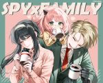  1boy 1yeol_eum 2girls ^_^ ^o^ anya_(spy_x_family) blush closed_eyes coffee coffee_mug copyright_name cup family formal highres holding holding_cup mug multiple_girls on_person smile spy_x_family suit trench_coat twilight two-tone_background upper_body yor_briar 