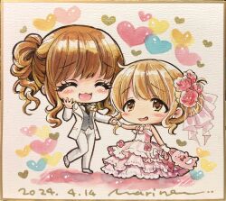  2girls :3 alternate_costume bare_shoulders blonde_hair blush bow bridal_veil bride brown_eyes brown_hair chibi closed_eyes dated dress earrings eyelashes flat_chest flower formal frills futaba_anzu gloves hair_flower hair_ornament heart high_ponytail highres holding_hands idolmaster idolmaster_cinderella_girls jacket jewelry layered_dress long_hair looking_at_another marine_(confeitokobo) marker_(medium) moroboshi_kirari multiple_girls necklace necktie open_mouth pant_suit pants pearl_necklace pink_dress ponytail raised_eyebrows rose shikishi shirt sidelocks signature simple_background sleeveless sleeveless_dress smile stuffed_animal stuffed_rabbit stuffed_toy suit suit_jacket tareme traditional_media tuxedo veil wedding wedding_dress white_footwear white_gloves white_shirt white_suit wife_and_wife yuri 