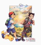  2boys :d antenna_hair ash_ketchum backpack bag bangs black_hair black_pants blue_eyes blue_jacket brown_bag character_name clenched_hands commentary_request eyelashes goh_(pokemon) green_bag grey_footwear grey_shirt hat highres jacket lugia male_focus multiple_boys open_mouth pants pikachu pokemon pokemon_(anime) pokemon_(creature) pokemon_swsh_(anime) red_headwear red_legwear shirt shoes short_hair short_sleeves shorts sleeveless sleeveless_jacket smile socks soulubles t-shirt teeth tongue twitter_username upper_teeth white_shirt 