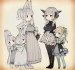  1boy 4girls animal_ears animal_hands bangs blonde_hair blue_eyes blush breasts dress family full_body hands_on_own_cheeks hands_on_own_face highres horns jitome large_breasts long_hair long_pointy_ears mother_and_daughter mother_and_son multiple_girls original pointy_ears ponytail rabbit_boy rabbit_ears rabbit_girl sakutake_(ue3sayu) white_hair 