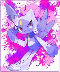  :3 border claws eyelashes fang feathers forehead_jewel furry highres hisuian_sneasel loki_(regulus_1111) looking_at_viewer pink_background pokemon pokemon_(creature) purple_border purple_fur red_eyes white_background yellow_gemstone 