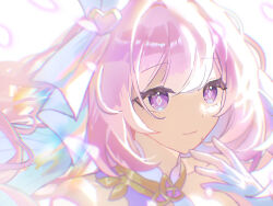  1girl bare_shoulders closed_mouth commentary diamond-shaped_pupils diamond_(shape) elysia_(herrscher_of_human:_ego)_(honkai_impact) elysia_(honkai_impact) falling_petals gloves hair_between_eyes highres honkai_(series) honkai_impact_3rd long_hair petals pink_hair portrait solo symbol-shaped_pupils triquetra user_xyyd2722 violet_eyes white_background white_gloves white_veil 