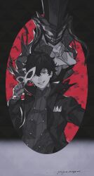  1boy absurdres amamiya_ren arsene_(persona_5) black_hair black_jacket collared_jacket gloves greyscale_with_colored_background grin hair_between_eyes hat highres holding jacket long_sleeves looking_at_viewer male_focus mask persona persona_5 short_hair smile solo top_hat v8 