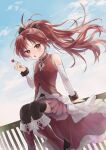  1girl absurdres blush bow candy fence food full_body hair_bow highres holding holding_food lollipop long_hair mahou_shoujo_madoka_magica morisata open_mouth ponytail red_eyes redhead ribbon rooftop sakura_kyouko sitting sitting_on_fence sky solo very_long_hair 