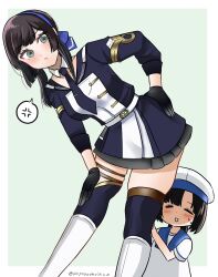  2girls black_gloves black_hair blue_hairband blue_necktie blue_ribbon blue_sailor_collar blue_thighhighs blunt_sidelocks blush bob_cut brown_hair daitou_(kancolle) dress freckles gloves green_background green_eyes hair_ribbon hairband hat high_ponytail highres jacket kantai_collection long_hair long_sleeves low_ponytail mogador_(kancolle) multiple_girls necktie open_mouth pleated_skirt ponytail poyo_teitoku purple_necktie ribbon sailor_collar sailor_dress sailor_hat short_hair short_ponytail short_sleeves skirt thigh-highs tie_clip two-tone_legwear white_background white_dress white_hat 