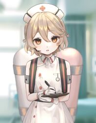  1girl bare_shoulders blonde_hair blurry blurry_background braid buttons clipboard collared_dress double-parted_bangs dress gloves hair_between_eyes hat headset highres holding holding_clipboard holding_pen indoors infirmary ku3lg looking_at_viewer nurse nurse_cap nurse_robot_type_t open_mouth orange_eyes pen short_hair side_braids sleeveless sleeveless_dress solo stopwatch tank_(container) teeth upper_teeth_only utau white_dress white_gloves white_hat writing 