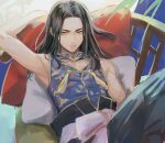  1boy arm_up armpits baji_keisuke black_hair brown_eyes chinese_clothes fang kota_uro long_hair looking_at_viewer male_focus solo solo_focus tokyo_revengers upper_body 